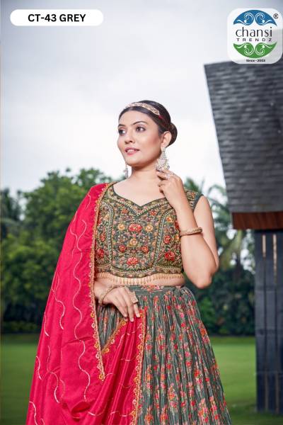 CHANSI TRENDZ CT-43 GREY DESIGNER CHINON LEHENGA CHOLI WHOLESALER IN INDIA